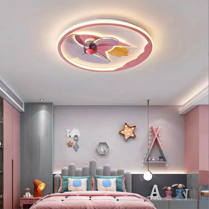 Contemporary Creative Iron Acrylic Round Airplane-shaped Kids LED Flush Mount Ceiling Fan Light For Bedroom