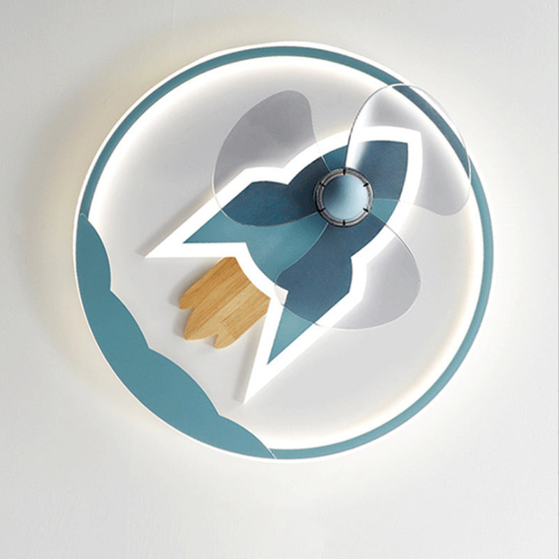 Contemporary Creative Iron Acrylic Round Airplane-shaped Kids LED Flush Mount Ceiling Fan Light For Bedroom