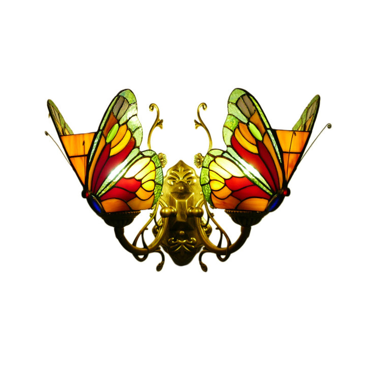 Traditional Tiffany Glass Iron Butterfly-shaped 2-Light Wall Sconce Lamp For Living Room &amp; Bedroom