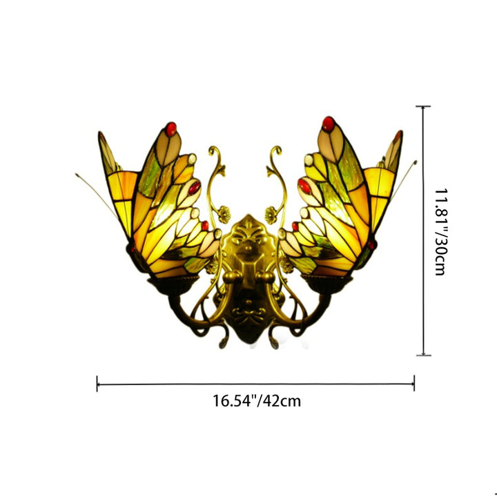 Traditional Tiffany Glass Iron Butterfly-shaped 2-Light Wall Sconce Lamp For Living Room & Bedroom