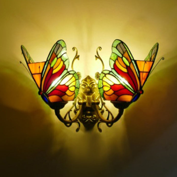 Traditional Tiffany Glass Iron Butterfly-shaped 2-Light Wall Sconce Lamp For Living Room & Bedroom