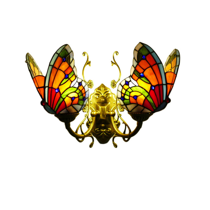 Traditional Tiffany Glass Iron Butterfly-shaped 2-Light Wall Sconce Lamp For Living Room &amp; Bedroom