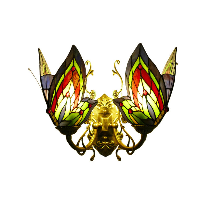 Traditional Tiffany Glass Iron Butterfly-shaped 2-Light Wall Sconce Lamp For Living Room &amp; Bedroom