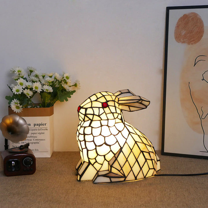 Traditional Tiffany Glass Iron Rabbit Bear Kids 1-Light Table Lamp For Living Room &amp; Bedroom