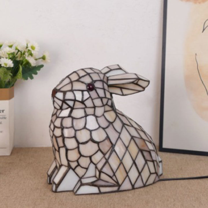Traditional Tiffany Glass Iron Rabbit Bear Kids 1-Light Table Lamp For Living Room & Bedroom