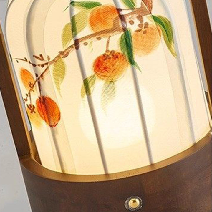 Lámpara de mesa LED con carga USB de tela, madera de roble, forma cilíndrica, diseño tradicional chino de flor de ciruelo, hojas de bambú y caqui, para salón y dormitorio 
