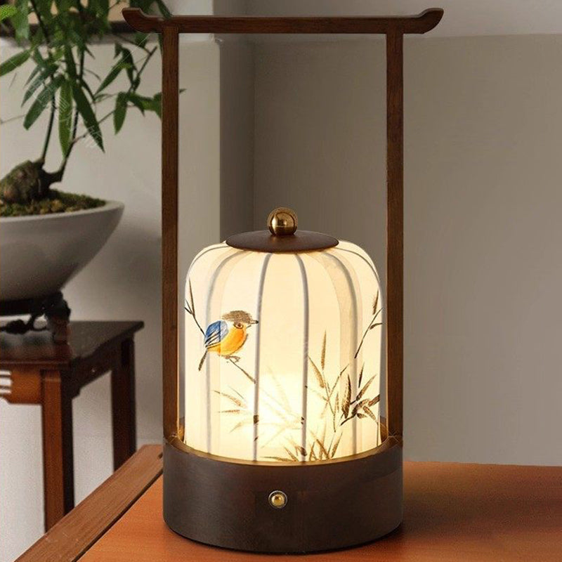 Lámpara de mesa LED con carga USB de tela, madera de roble, forma cilíndrica, diseño tradicional chino de flor de ciruelo, hojas de bambú y caqui, para salón y dormitorio 