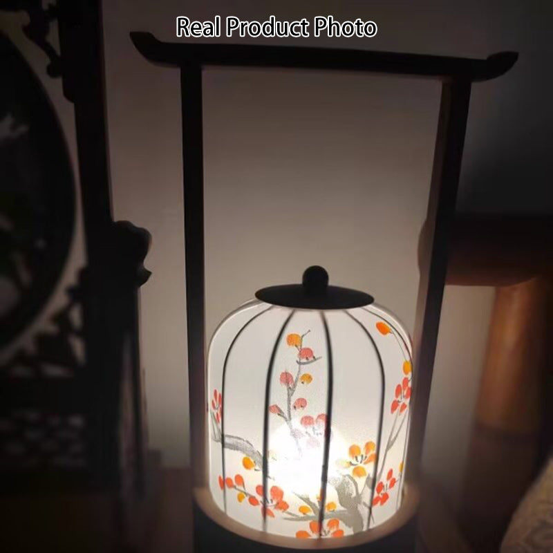 Lámpara de mesa LED con carga USB de tela, madera de roble, forma cilíndrica, diseño tradicional chino de flor de ciruelo, hojas de bambú y caqui, para salón y dormitorio 