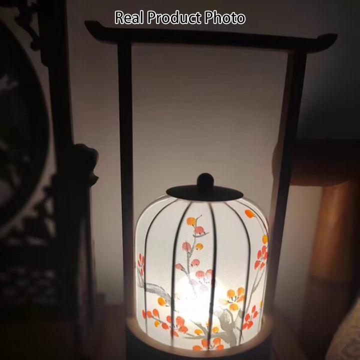 Lámpara de mesa LED con carga USB de tela, madera de roble, forma cilíndrica, diseño tradicional chino de flor de ciruelo, hojas de bambú y caqui, para salón y dormitorio 