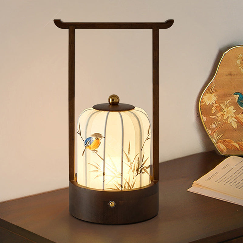 Lámpara de mesa LED con carga USB de tela, madera de roble, forma cilíndrica, diseño tradicional chino de flor de ciruelo, hojas de bambú y caqui, para salón y dormitorio 