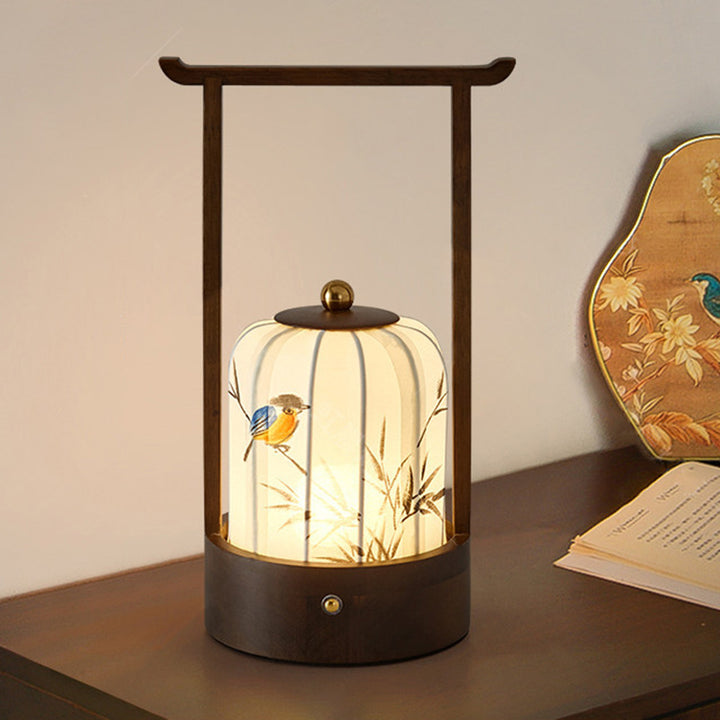 Lámpara de mesa LED con carga USB de tela, madera de roble, forma cilíndrica, diseño tradicional chino de flor de ciruelo, hojas de bambú y caqui, para salón y dormitorio 