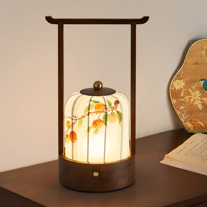 Lámpara de mesa LED con carga USB de tela, madera de roble, forma cilíndrica, diseño tradicional chino de flor de ciruelo, hojas de bambú y caqui, para salón y dormitorio 