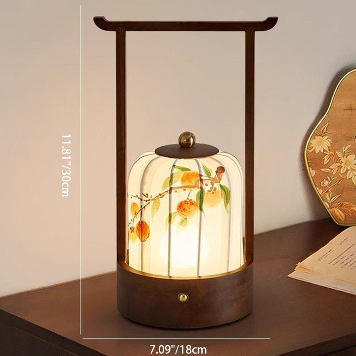 Lámpara de mesa LED con carga USB de tela, madera de roble, forma cilíndrica, diseño tradicional chino de flor de ciruelo, hojas de bambú y caqui, para salón y dormitorio 