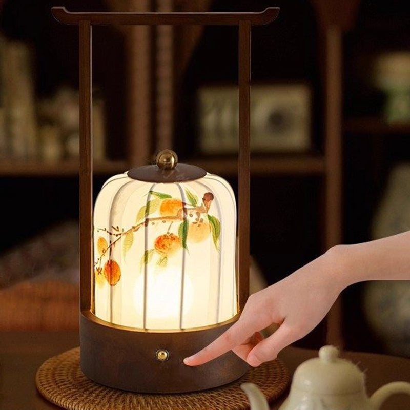 Lámpara de mesa LED con carga USB de tela, madera de roble, forma cilíndrica, diseño tradicional chino de flor de ciruelo, hojas de bambú y caqui, para salón y dormitorio 