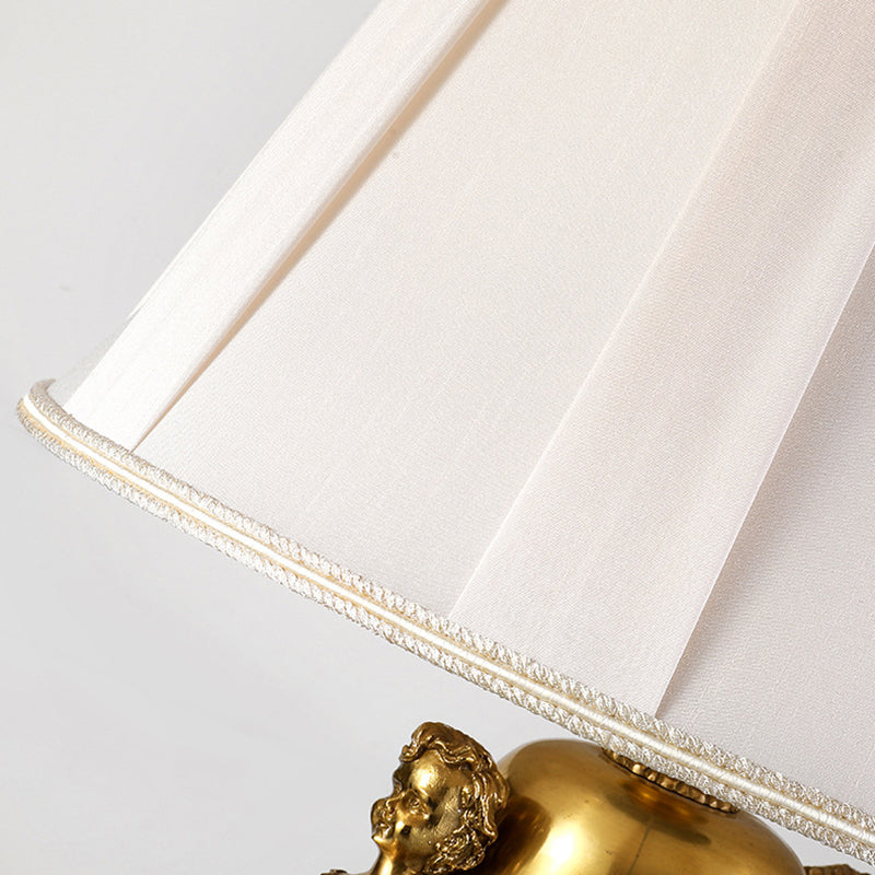 Traditional European Copper Glass Mercerized Fabric Carved Round 1-Light Table Lamp For Living Room &amp; Bedroom