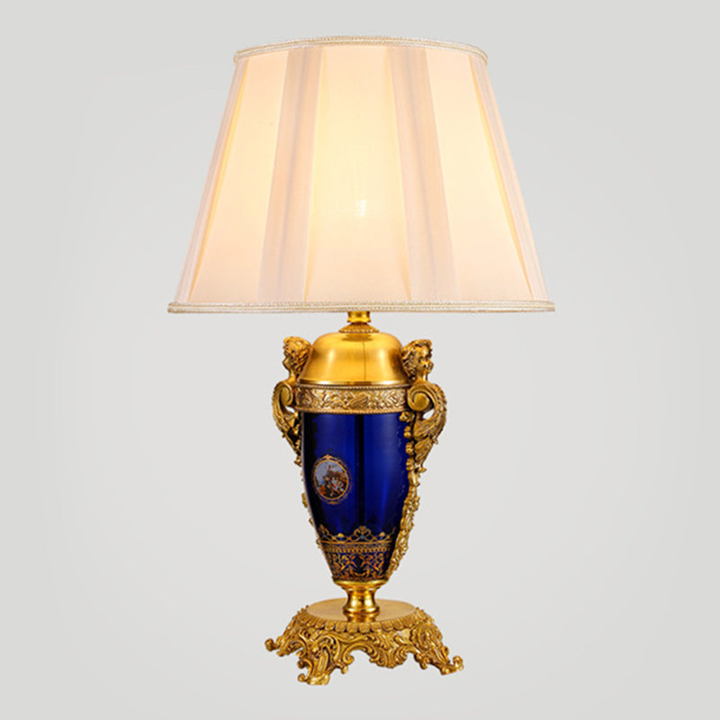 Traditional European Copper Glass Mercerized Fabric Carved Round 1-Light Table Lamp For Living Room &amp; Bedroom
