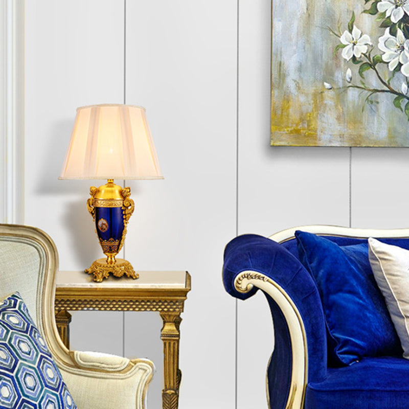 Traditional European Copper Glass Mercerized Fabric Carved Round 1-Light Table Lamp For Living Room &amp; Bedroom