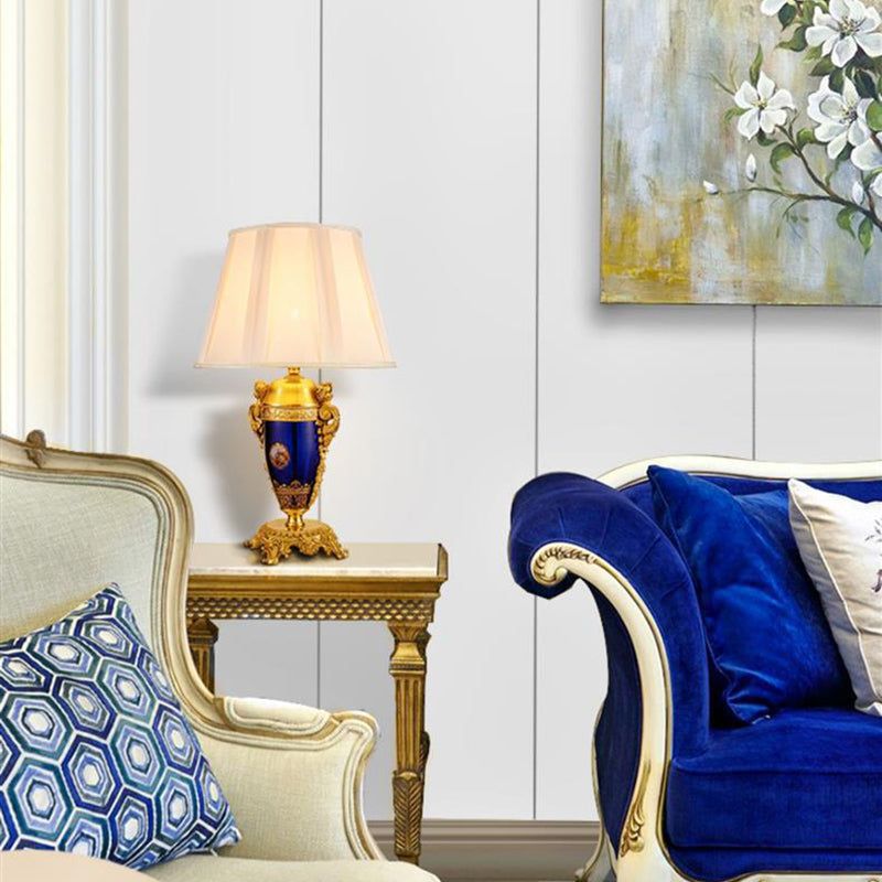 Traditional European Copper Glass Mercerized Fabric Carved Round 1-Light Table Lamp For Living Room &amp; Bedroom