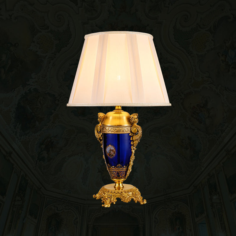 Traditional European Copper Glass Mercerized Fabric Carved Round 1-Light Table Lamp For Living Room &amp; Bedroom