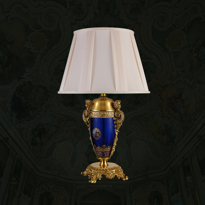 Traditional European Copper Glass Mercerized Fabric Carved Round 1-Light Table Lamp For Living Room &amp; Bedroom