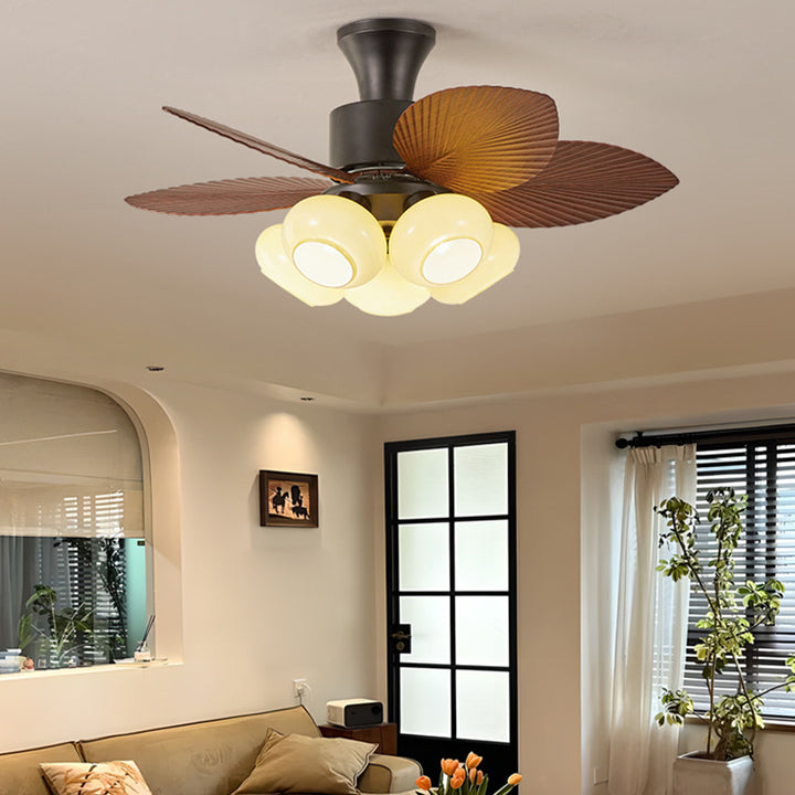 Contemporary Retro Iron Glass ABS Round Leaf-shaped 3/5-Light Semi-Flush Mount Ceiling Fan Light For Living Room &amp; Bedroom