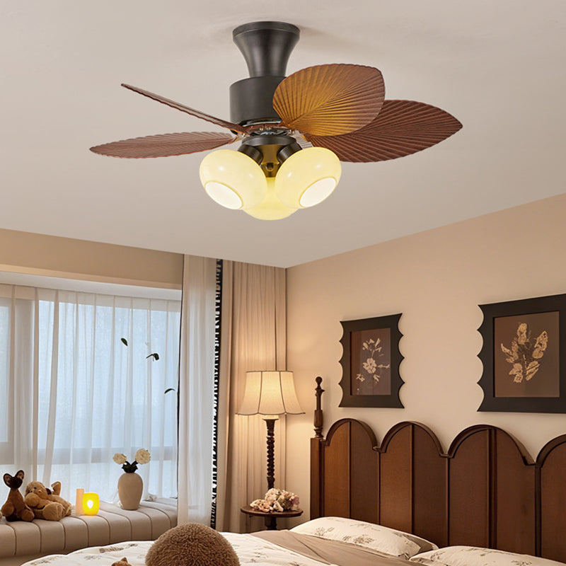 Contemporary Retro Iron Glass ABS Round Leaf-shaped 3/5-Light Semi-Flush Mount Ceiling Fan Light For Living Room &amp; Bedroom