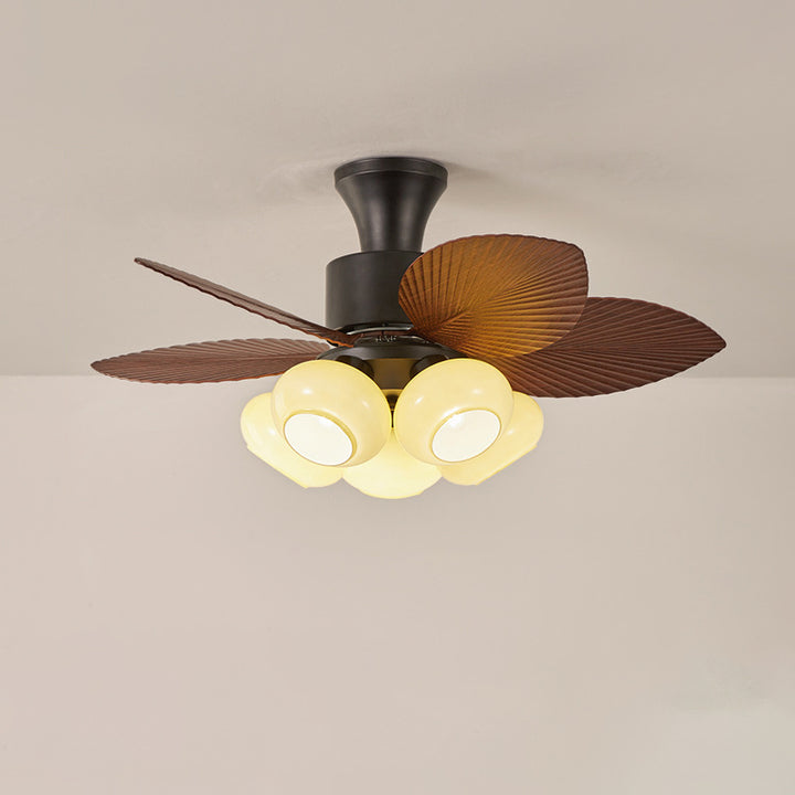 Contemporary Retro Iron Glass ABS Round Leaf-shaped 3/5-Light Semi-Flush Mount Ceiling Fan Light For Living Room &amp; Bedroom