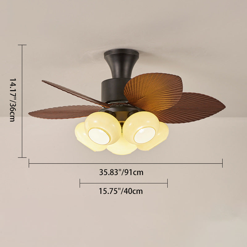Contemporary Retro Iron Glass ABS Round Leaf-shaped 3/5-Light Semi-Flush Mount Ceiling Fan Light For Living Room &amp; Bedroom