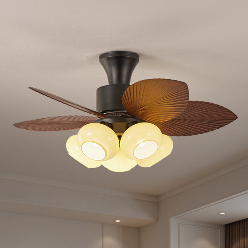 Contemporary Retro Iron Glass ABS Round Leaf-shaped 3/5-Light Semi-Flush Mount Ceiling Fan Light For Living Room &amp; Bedroom