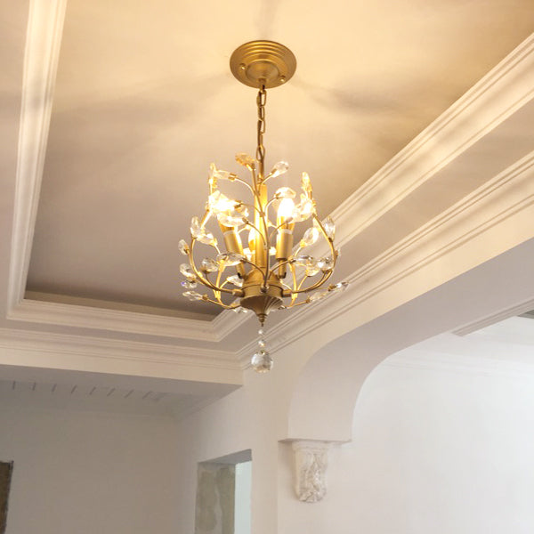 Lampe suspendue à 3 lumières en fer, tissu et cristal avec branches fleuries décoratives rustiques traditionnelles pour salon 