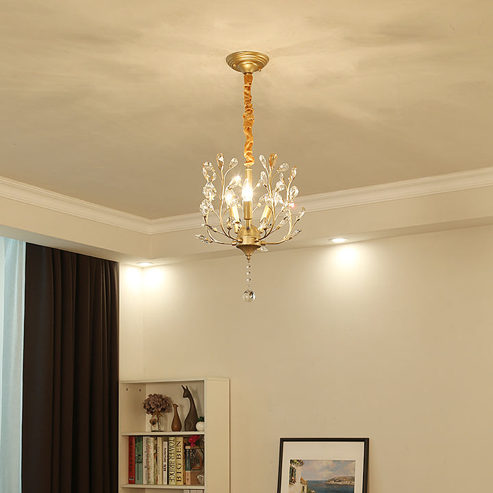 Lampe suspendue à 3 lumières en fer, tissu et cristal avec branches fleuries décoratives rustiques traditionnelles pour salon 
