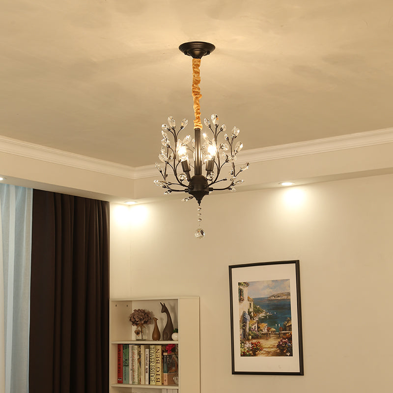 Lampe suspendue à 3 lumières en fer, tissu et cristal avec branches fleuries décoratives rustiques traditionnelles pour salon 