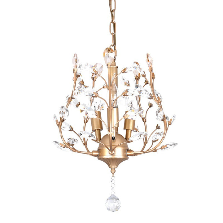 Lampe suspendue à 3 lumières en fer, tissu et cristal avec branches fleuries décoratives rustiques traditionnelles pour salon 