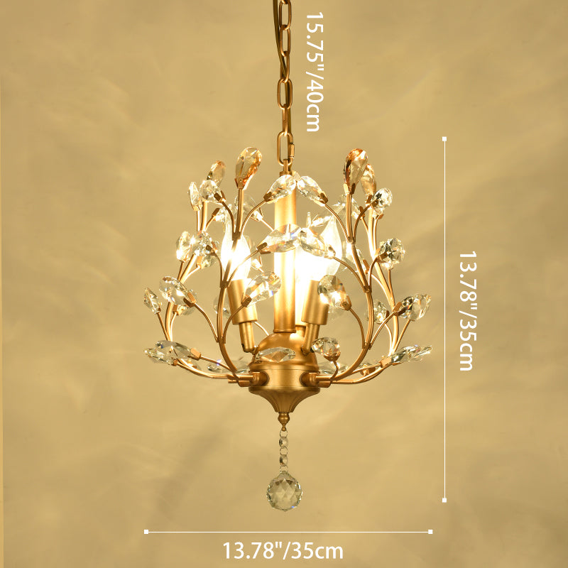 Lampe suspendue à 3 lumières en fer, tissu et cristal avec branches fleuries décoratives rustiques traditionnelles pour salon 