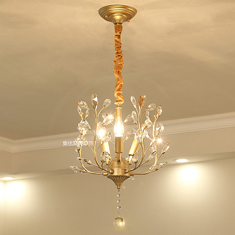 Lampe suspendue à 3 lumières en fer, tissu et cristal avec branches fleuries décoratives rustiques traditionnelles pour salon 