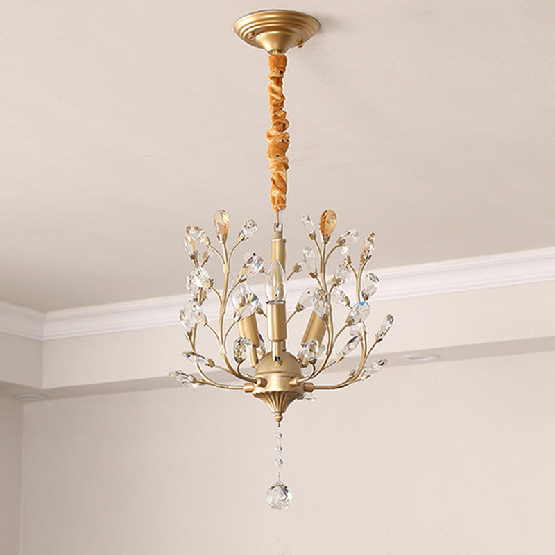 Lampe suspendue à 3 lumières en fer, tissu et cristal avec branches fleuries décoratives rustiques traditionnelles pour salon 