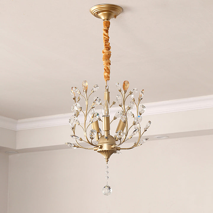 Lampe suspendue à 3 lumières en fer, tissu et cristal avec branches fleuries décoratives rustiques traditionnelles pour salon 