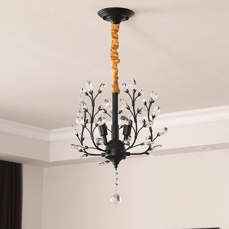 Lampe suspendue à 3 lumières en fer, tissu et cristal avec branches fleuries décoratives rustiques traditionnelles pour salon 