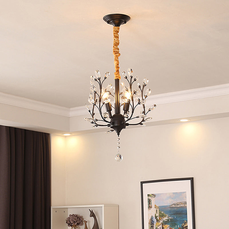 Lampe suspendue à 3 lumières en fer, tissu et cristal avec branches fleuries décoratives rustiques traditionnelles pour salon 