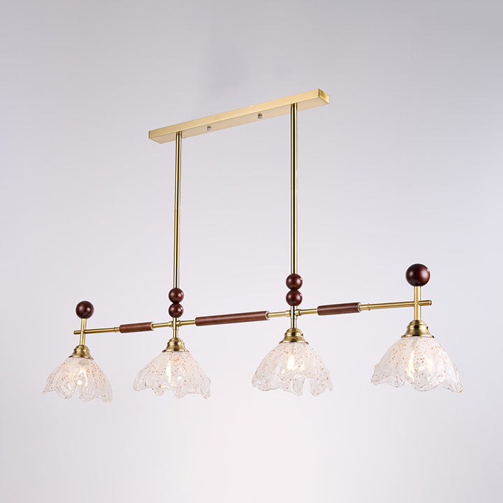 Chandelier à 3/4 lumières en fer, bois massif et verre, style traditionnel français trapèze, pierre, pour salon 