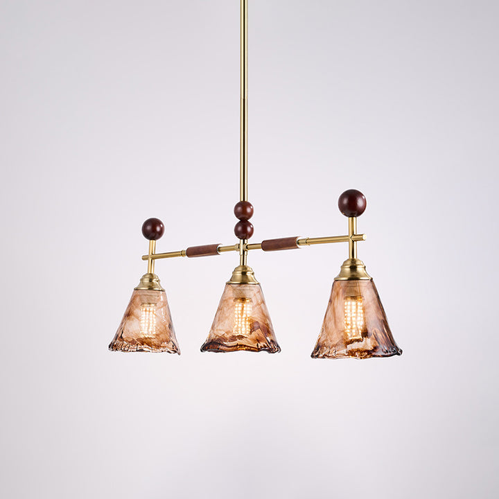 Chandelier à 3/4 lumières en fer, bois massif et verre, style traditionnel français trapèze, pierre, pour salon 