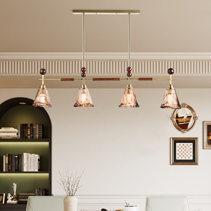 Traditional French Trapezoid Stone Flower Iron Solid Wood Glass 3/4-Light Chandelier For Living Room