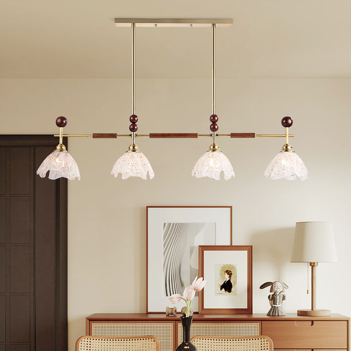 Traditional French Trapezoid Stone Flower Iron Solid Wood Glass 3/4-Light Chandelier For Living Room