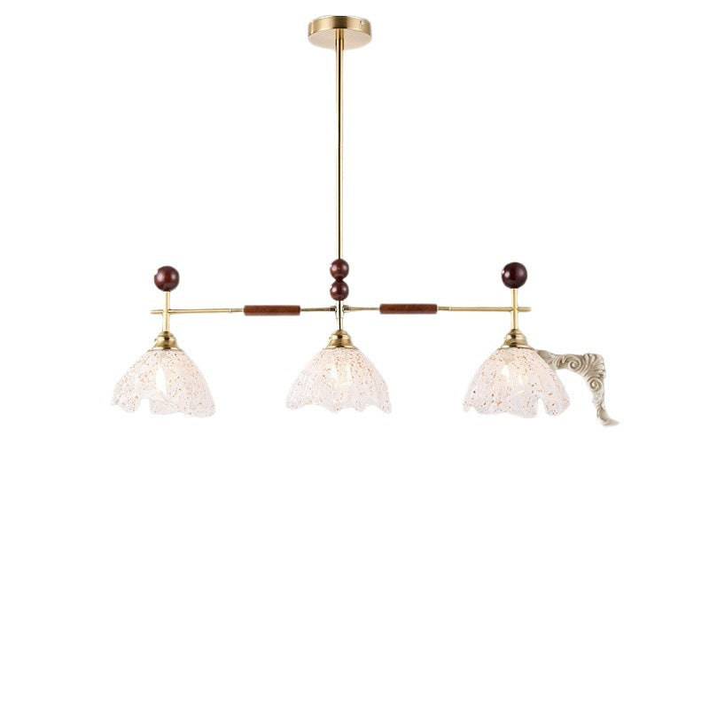 Chandelier à 3/4 lumières en fer, bois massif et verre, style traditionnel français trapèze, pierre, pour salon 