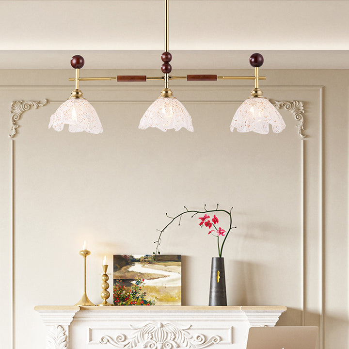 Traditional French Trapezoid Stone Flower Iron Solid Wood Glass 3/4-Light Chandelier For Living Room