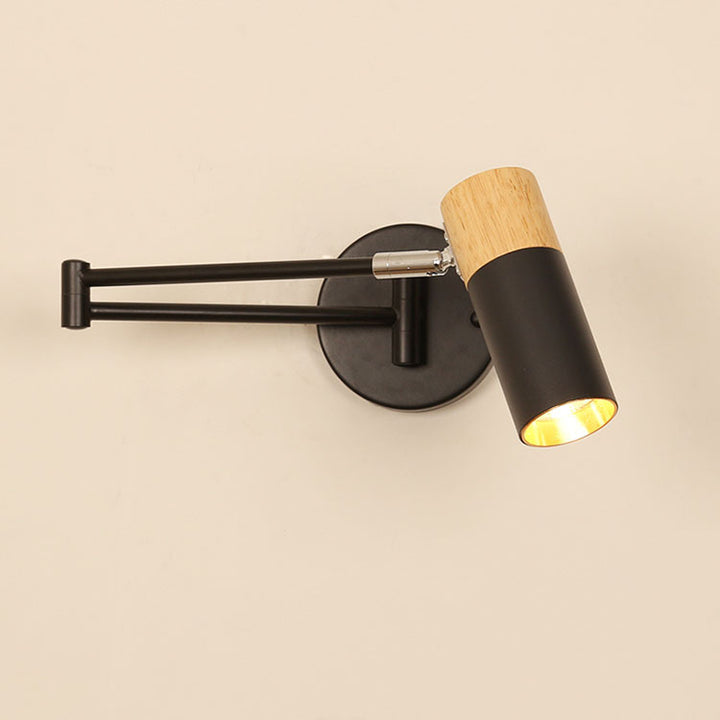 Moderne minimalistische ausziehbare zylindrische Eisen-Massivholz-drehbare 1-Licht-Wandleuchte für das Schlafzimmer 