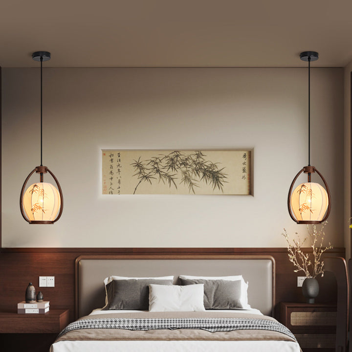 Traditionelle chinesische geometrische Laterne Eisen Stoff 1-Licht Pendelleuchte für Wohnzimmer 