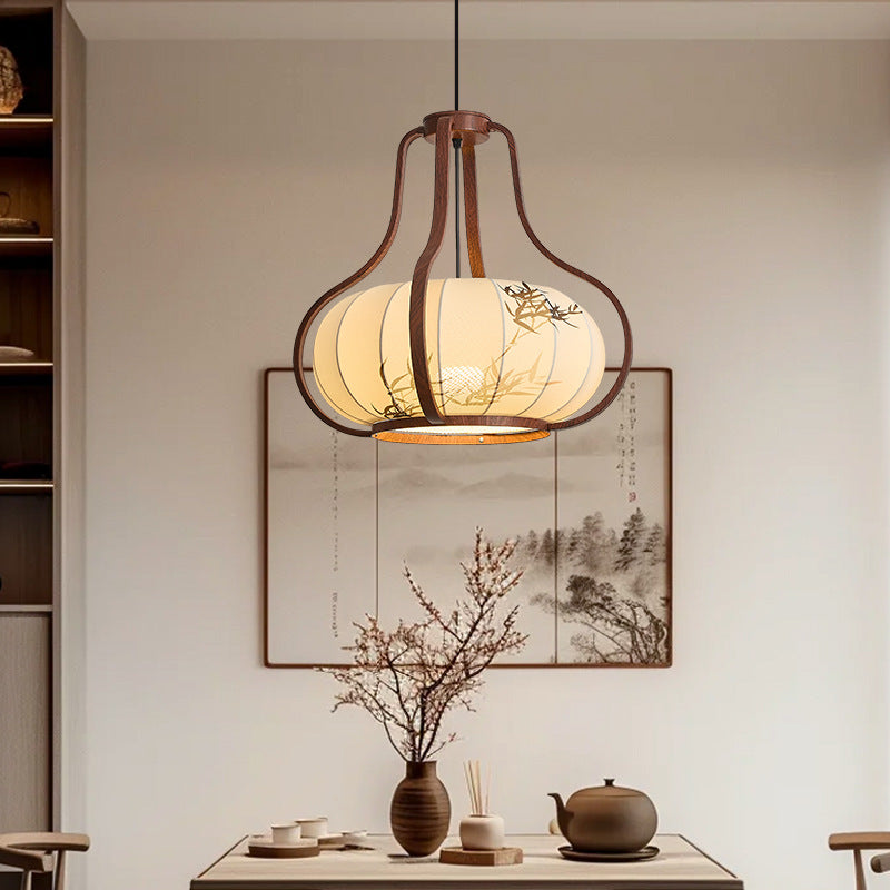 Traditionelle chinesische geometrische Laterne Eisen Stoff 1-Licht Pendelleuchte für Wohnzimmer 