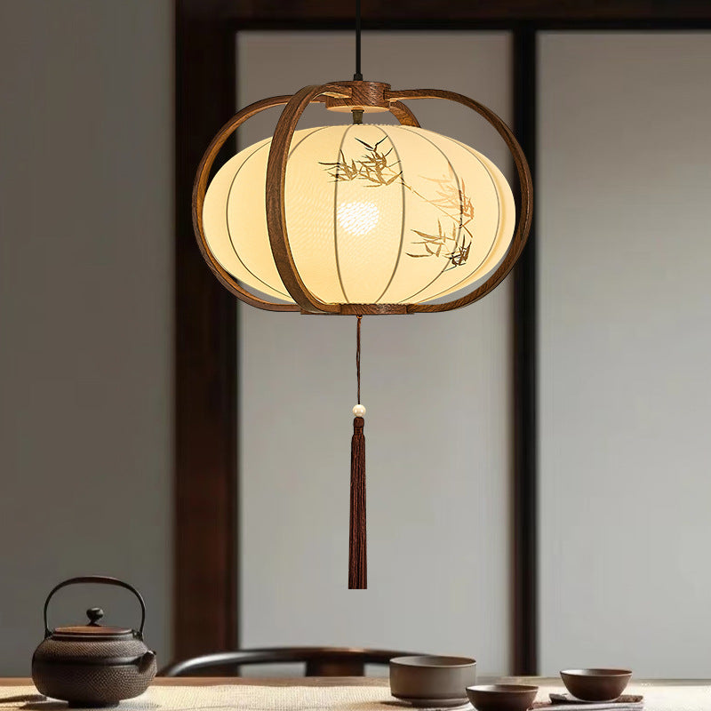 Traditionelle chinesische geometrische Laterne Eisen Stoff 1-Licht Pendelleuchte für Wohnzimmer 