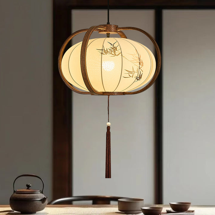 Traditionelle chinesische geometrische Laterne Eisen Stoff 1-Licht Pendelleuchte für Wohnzimmer 